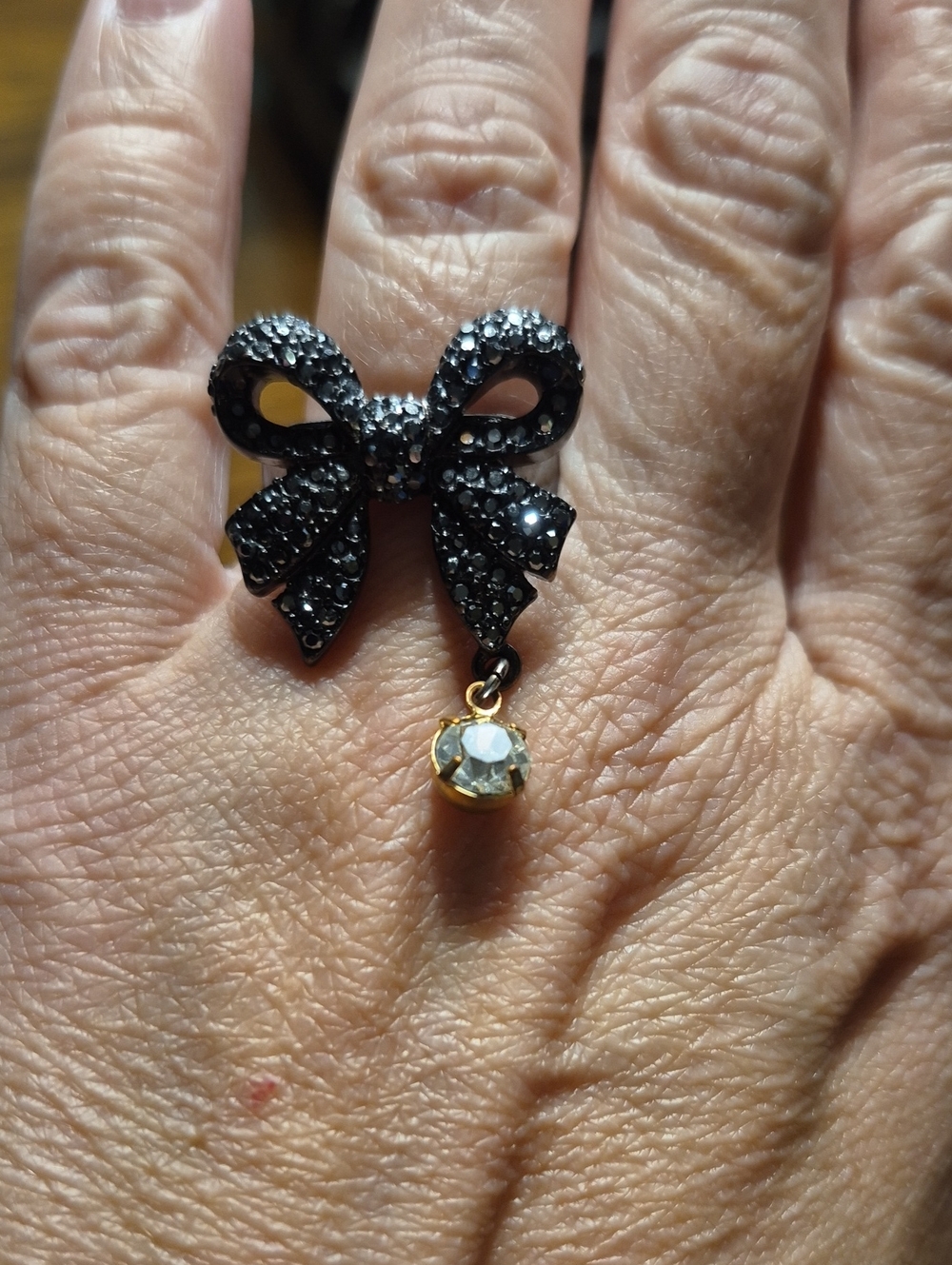 Betsy Johnson Black Crystal Bow Ring Gunmetal with Dangling Clear Stone
